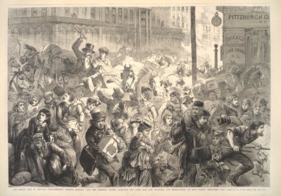 The great fire in Chicago: panic-stricken citizens rushing past the Sherman House, illustration from Frank Leslie